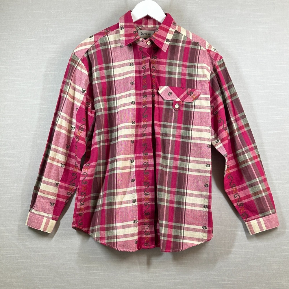 Vintage Diversity Sport Petite Womans Button Up Plaid Embroidered Medium 90s